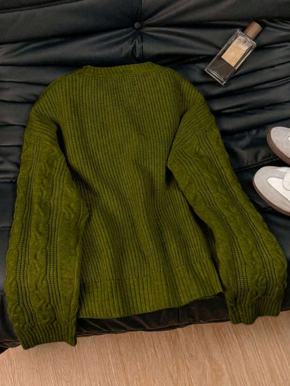 Solenne Oversized Chunky Cable Knit Sweater with Drop Shoulders - Olive