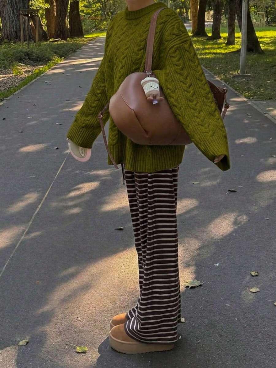 Solenne Oversized Chunky Cable Knit Sweater with Drop Shoulders - Olive