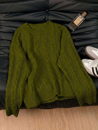 Solenne Oversized Chunky Cable Knit Sweater with Drop Shoulders - Olive