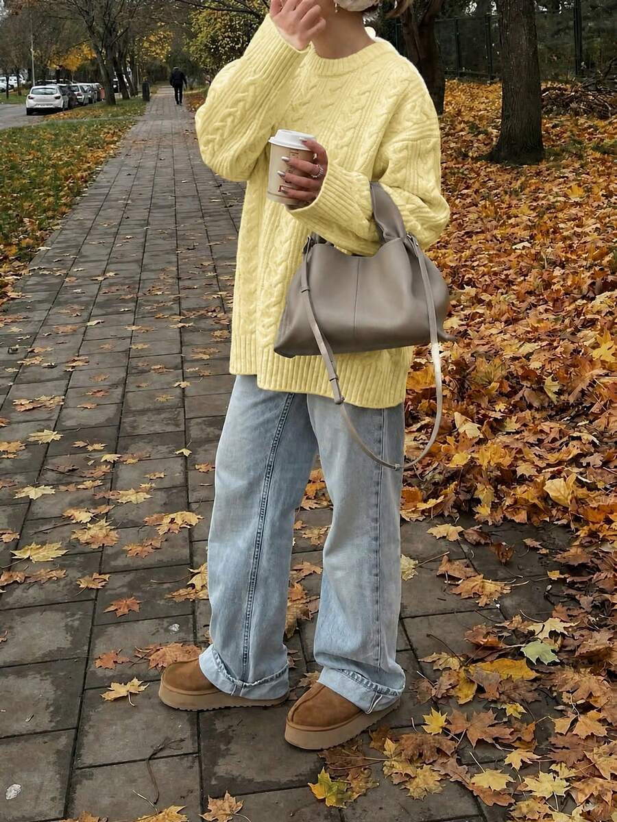 Solenne Oversized Chunky Cable Knit Sweater with Drop Shoulders - Butter Yellow