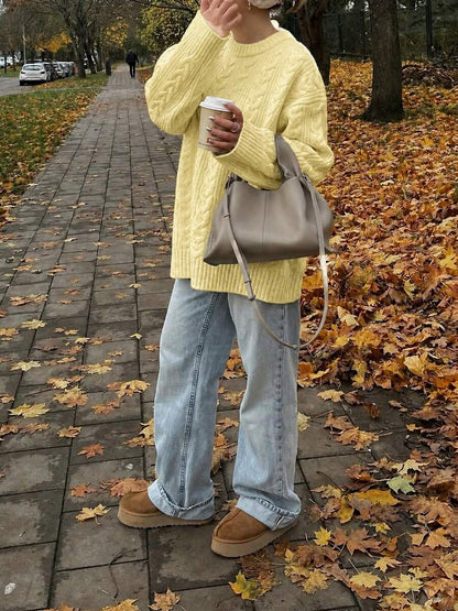 Solenne Oversized Chunky Cable Knit Sweater with Drop Shoulders - Butter Yellow