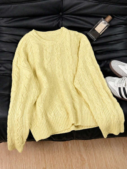 Solenne Oversized Chunky Cable Knit Sweater with Drop Shoulders - Butter Yellow