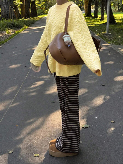 Solenne Oversized Chunky Cable Knit Sweater with Drop Shoulders - Butter Yellow
