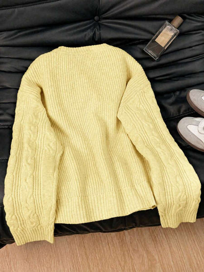 Solenne Oversized Chunky Cable Knit Sweater with Drop Shoulders - Butter Yellow
