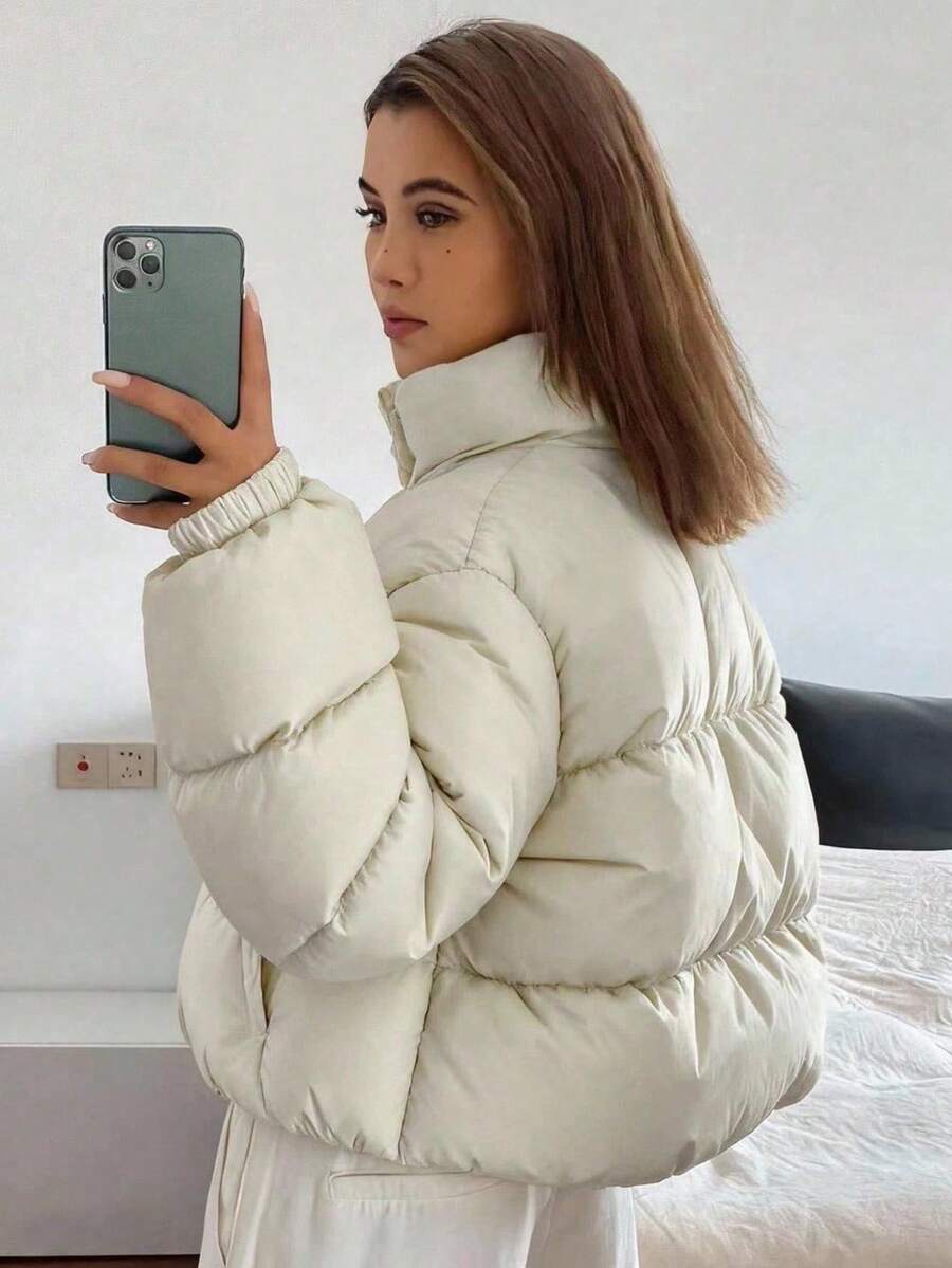 Blanche Boxy Cropped Puffer Jacket with Stand Collar and Zip - Cream