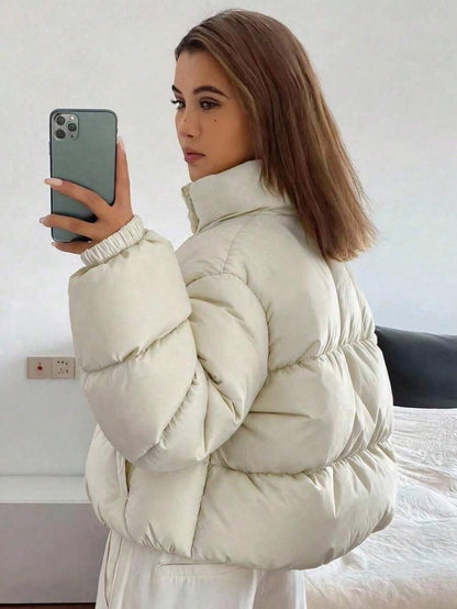 Blanche Boxy Cropped Puffer Jacket with Stand Collar and Zip - Cream