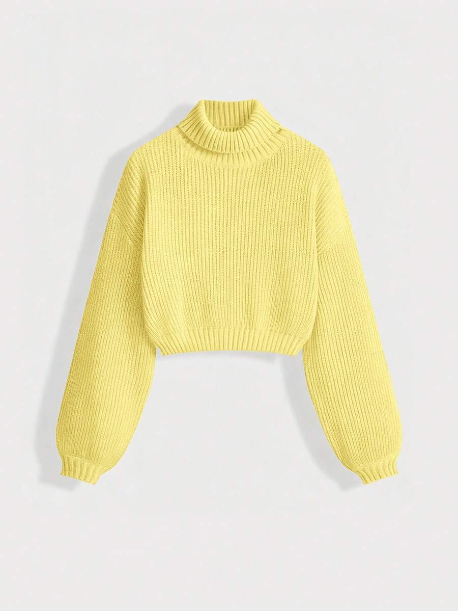 Louisa Ribbed Knit Cropped Turtleneck Pullover Sweater - Yellow