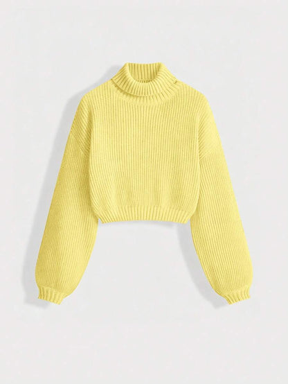 Louisa Ribbed Knit Cropped Turtleneck Pullover Sweater - Yellow
