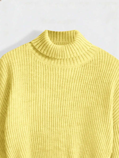 Louisa Ribbed Knit Cropped Turtleneck Pullover Sweater - Yellow