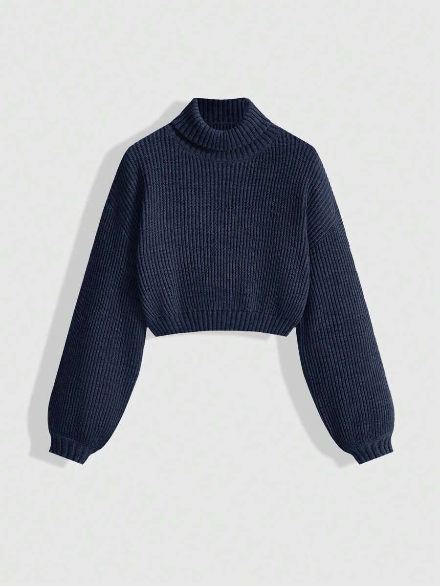 Louisa Ribbed Knit Cropped Turtleneck Pullover Sweater - Navy Blue