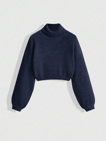 Louisa Ribbed Knit Cropped Turtleneck Pullover Sweater - Navy Blue