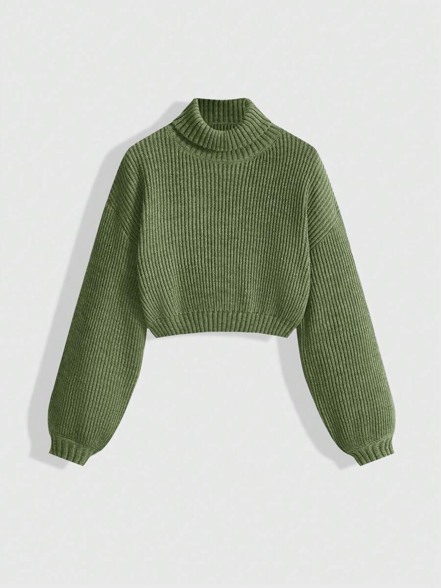 Louisa Ribbed Knit Cropped Turtleneck Pullover Sweater - Army Green