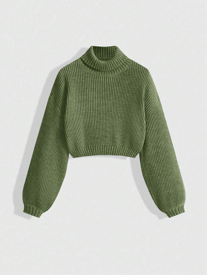 Louisa Ribbed Knit Cropped Turtleneck Pullover Sweater - Army Green