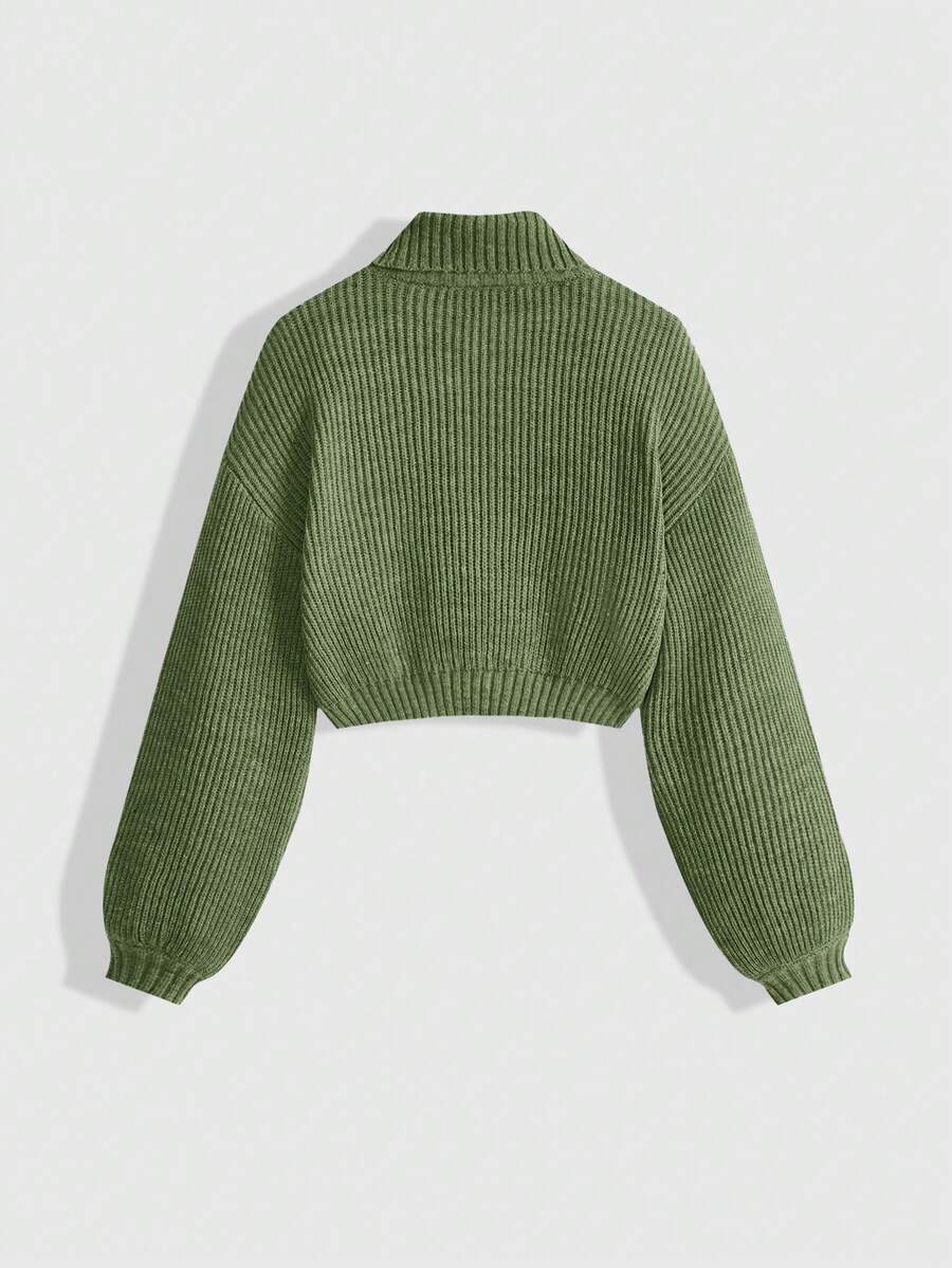 Louisa Ribbed Knit Cropped Turtleneck Pullover Sweater - Army Green