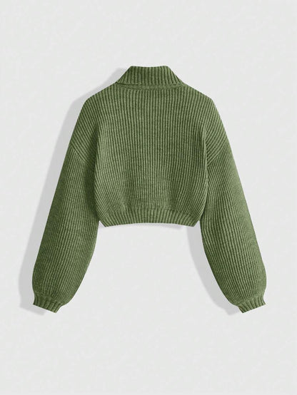 Louisa Ribbed Knit Cropped Turtleneck Pullover Sweater - Army Green