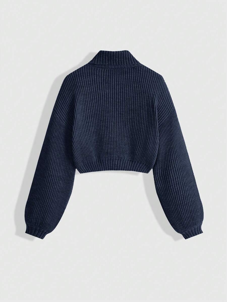 Louisa Ribbed Knit Cropped Turtleneck Pullover Sweater - Navy Blue