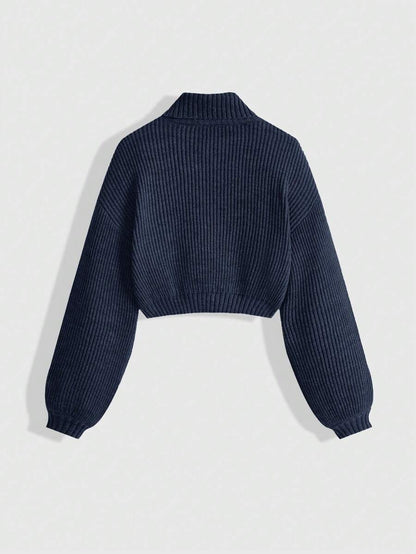 Louisa Ribbed Knit Cropped Turtleneck Pullover Sweater - Navy Blue