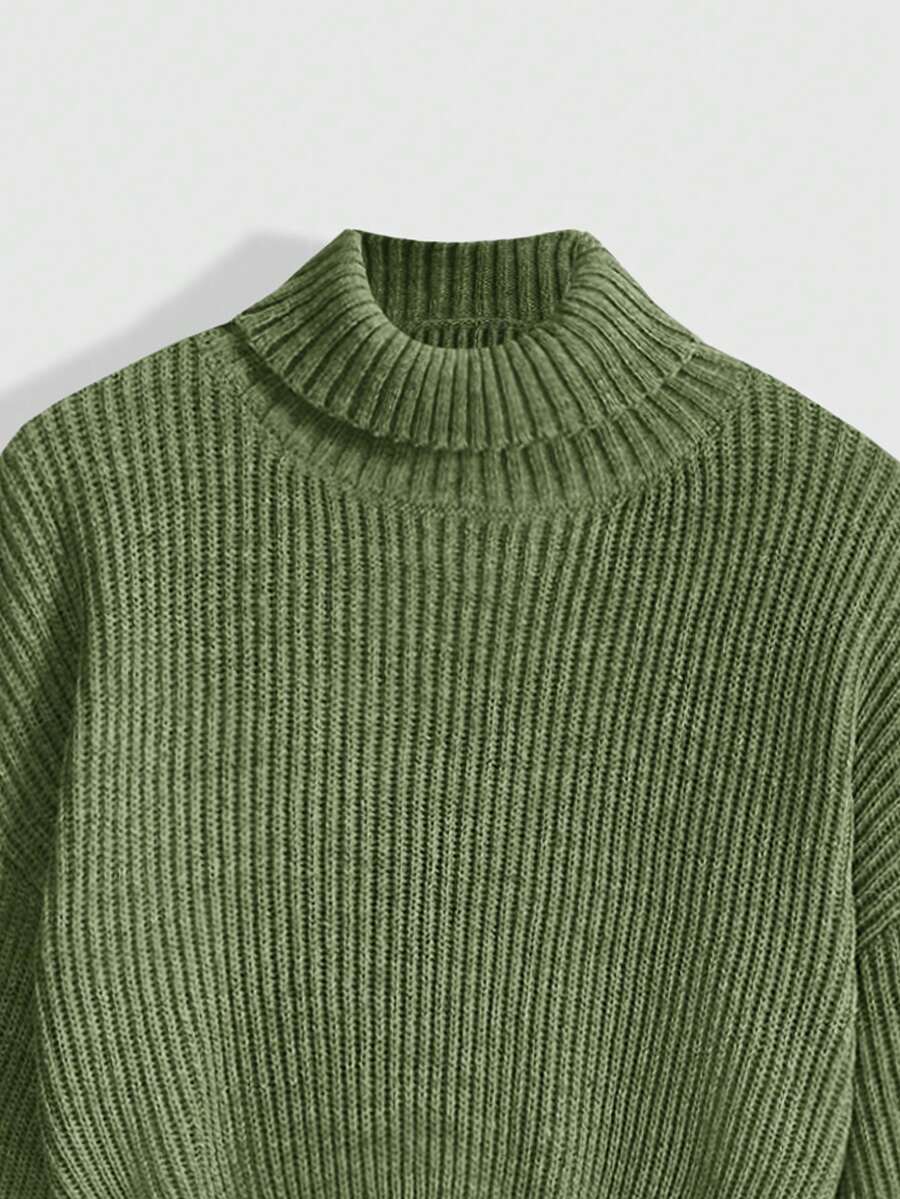 Louisa Ribbed Knit Cropped Turtleneck Pullover Sweater - Army Green