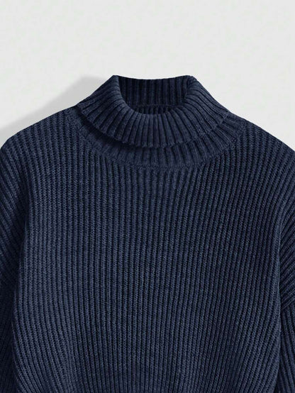 Louisa Ribbed Knit Cropped Turtleneck Pullover Sweater - Navy Blue