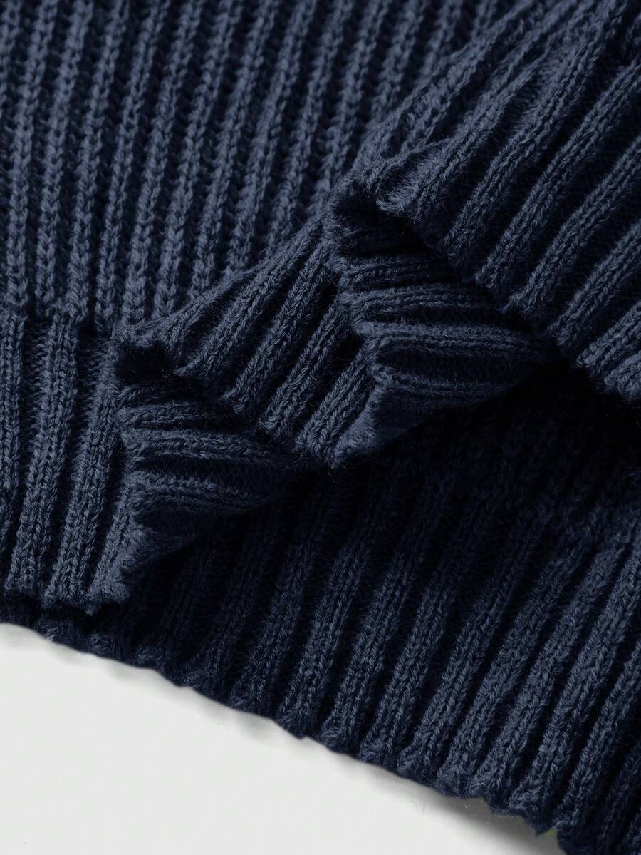 Louisa Ribbed Knit Cropped Turtleneck Pullover Sweater - Navy Blue