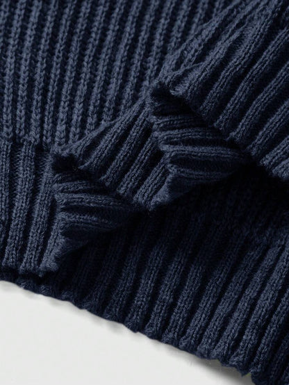Louisa Ribbed Knit Cropped Turtleneck Pullover Sweater - Navy Blue