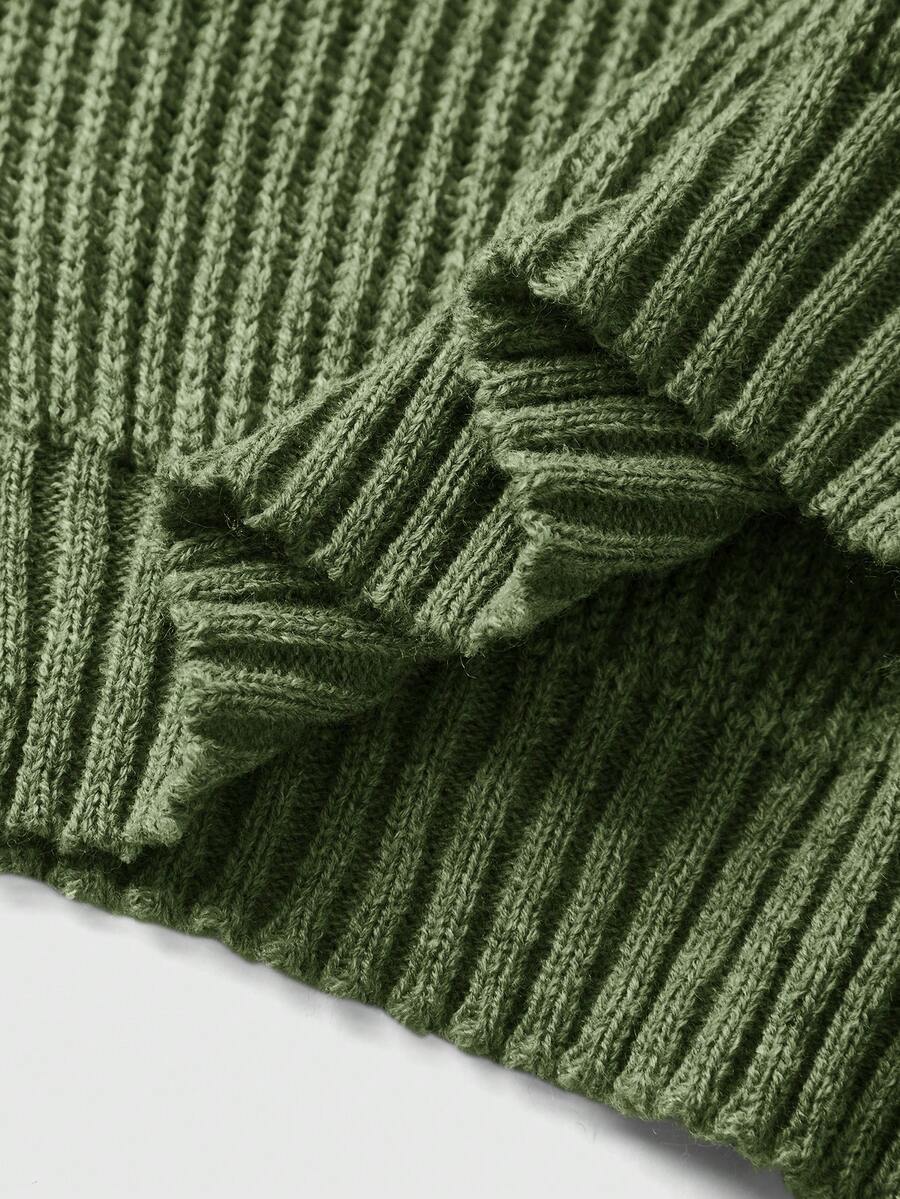 Louisa Ribbed Knit Cropped Turtleneck Pullover Sweater - Army Green