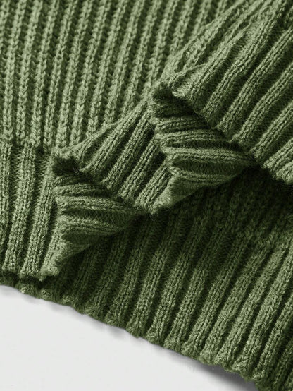 Louisa Ribbed Knit Cropped Turtleneck Pullover Sweater - Army Green