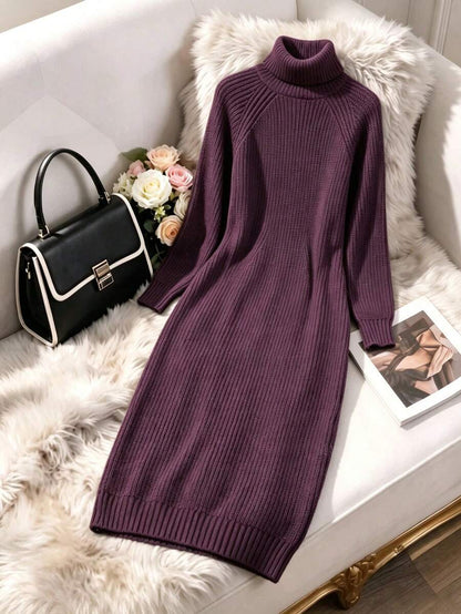 Anya High Neck Raglan Sleeve Sweater Dress - Brown