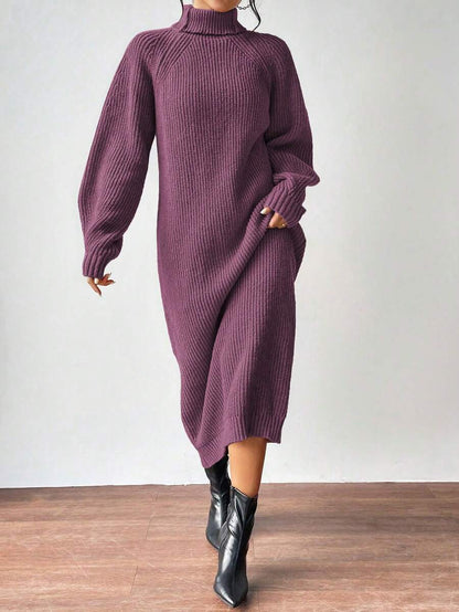 Anya High Neck Raglan Sleeve Sweater Dress - Light Grey