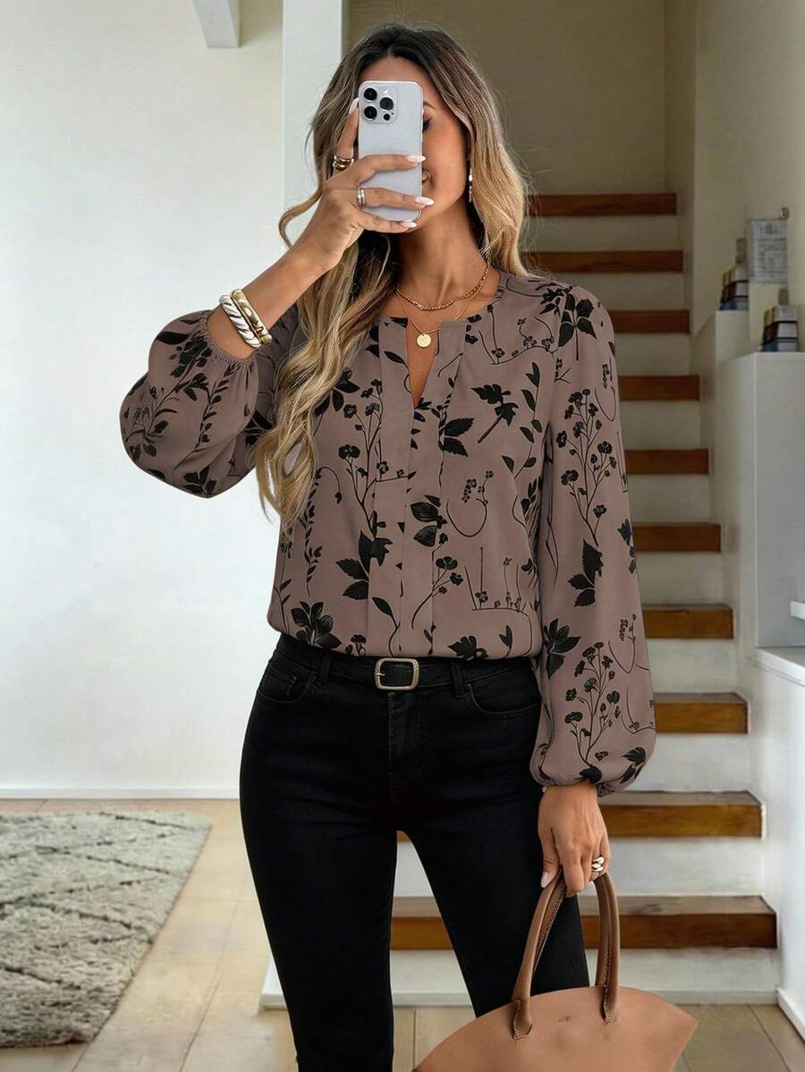 Nell Long Sleeve Blouse with Split V Neck and Lantern Sleeves - Mocha Floral