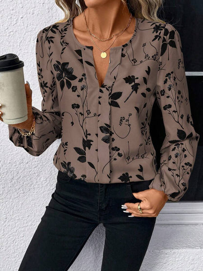 Nell Long Sleeve Blouse with Split V Neck and Lantern Sleeves - Mocha Floral