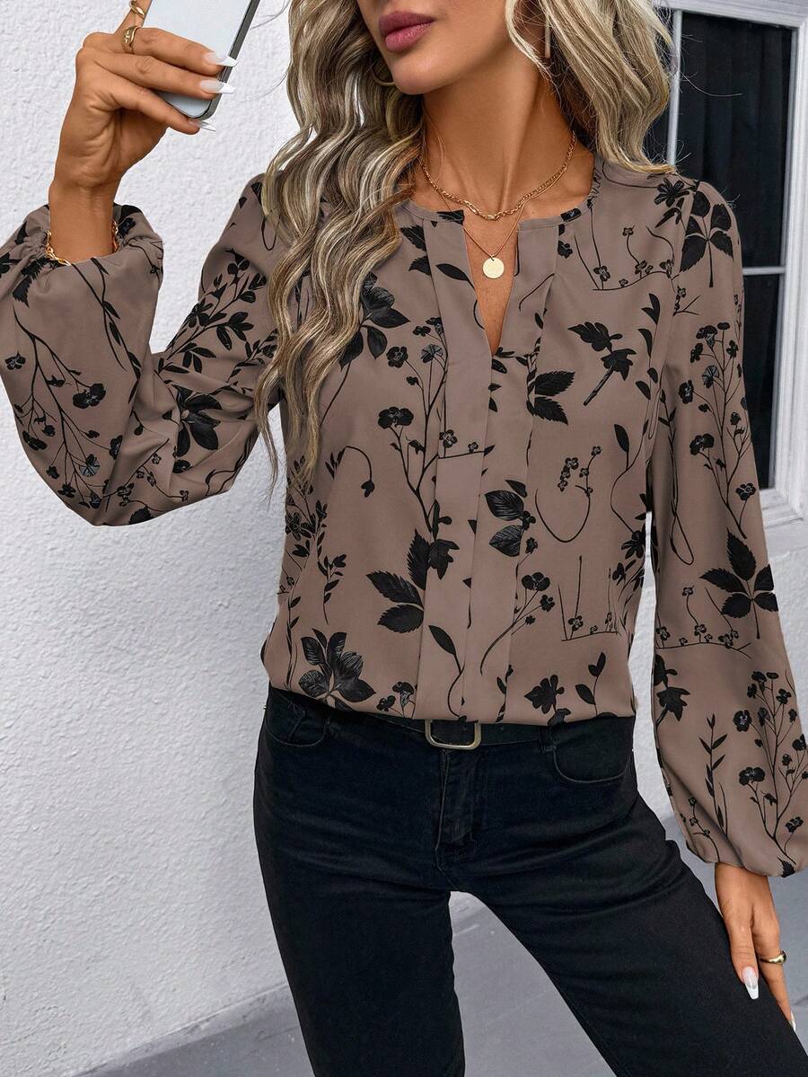 Nell Long Sleeve Blouse with Split V Neck and Lantern Sleeves - Mocha Floral