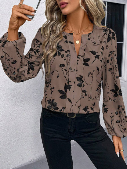 Nell Long Sleeve Blouse with Split V Neck and Lantern Sleeves - Mocha Floral