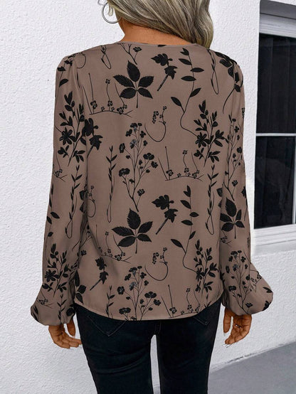 Nell Long Sleeve Blouse with Split V Neck and Lantern Sleeves - Mocha Floral