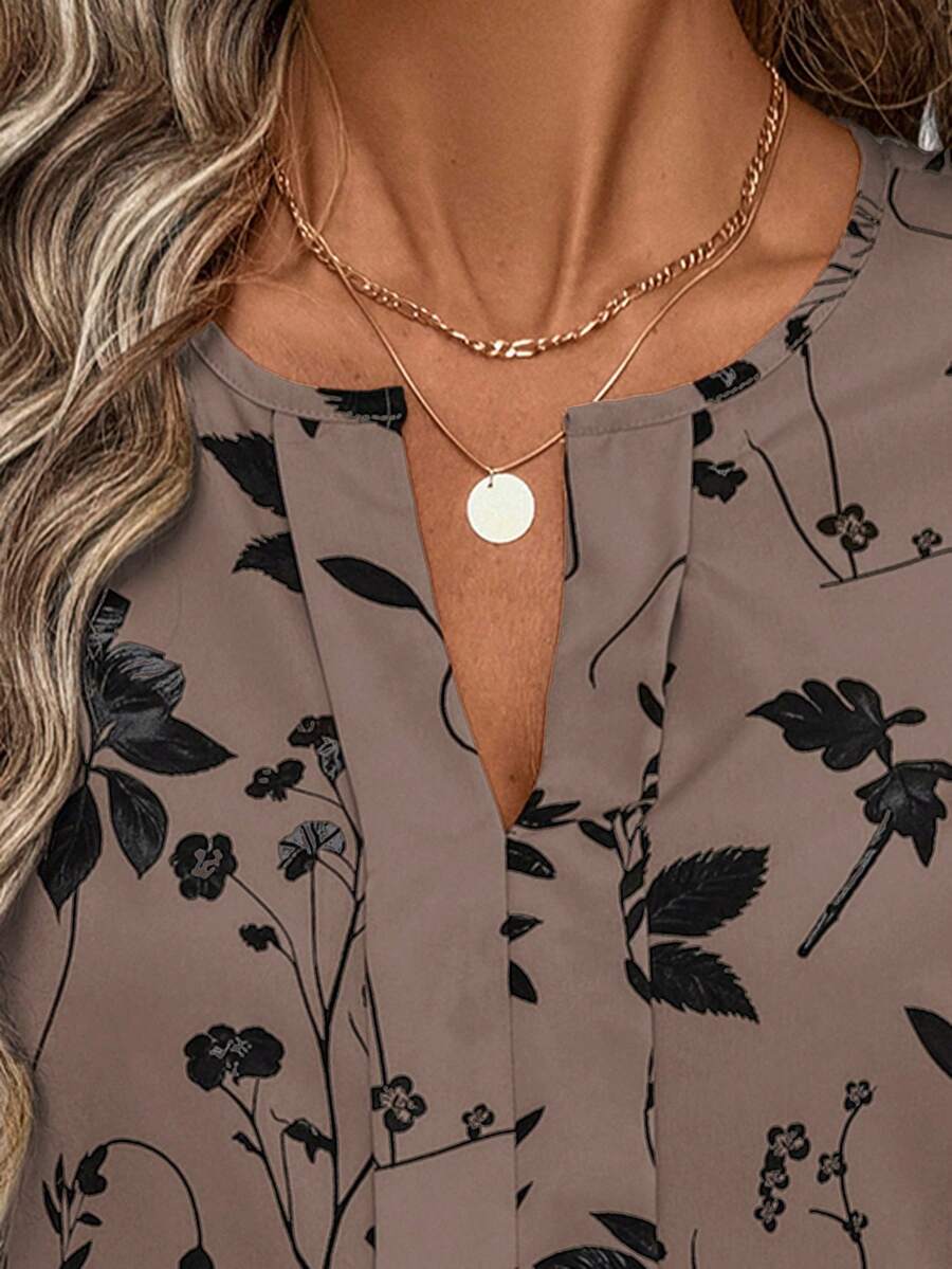 Nell Long Sleeve Blouse with Split V Neck and Lantern Sleeves - Mocha Floral