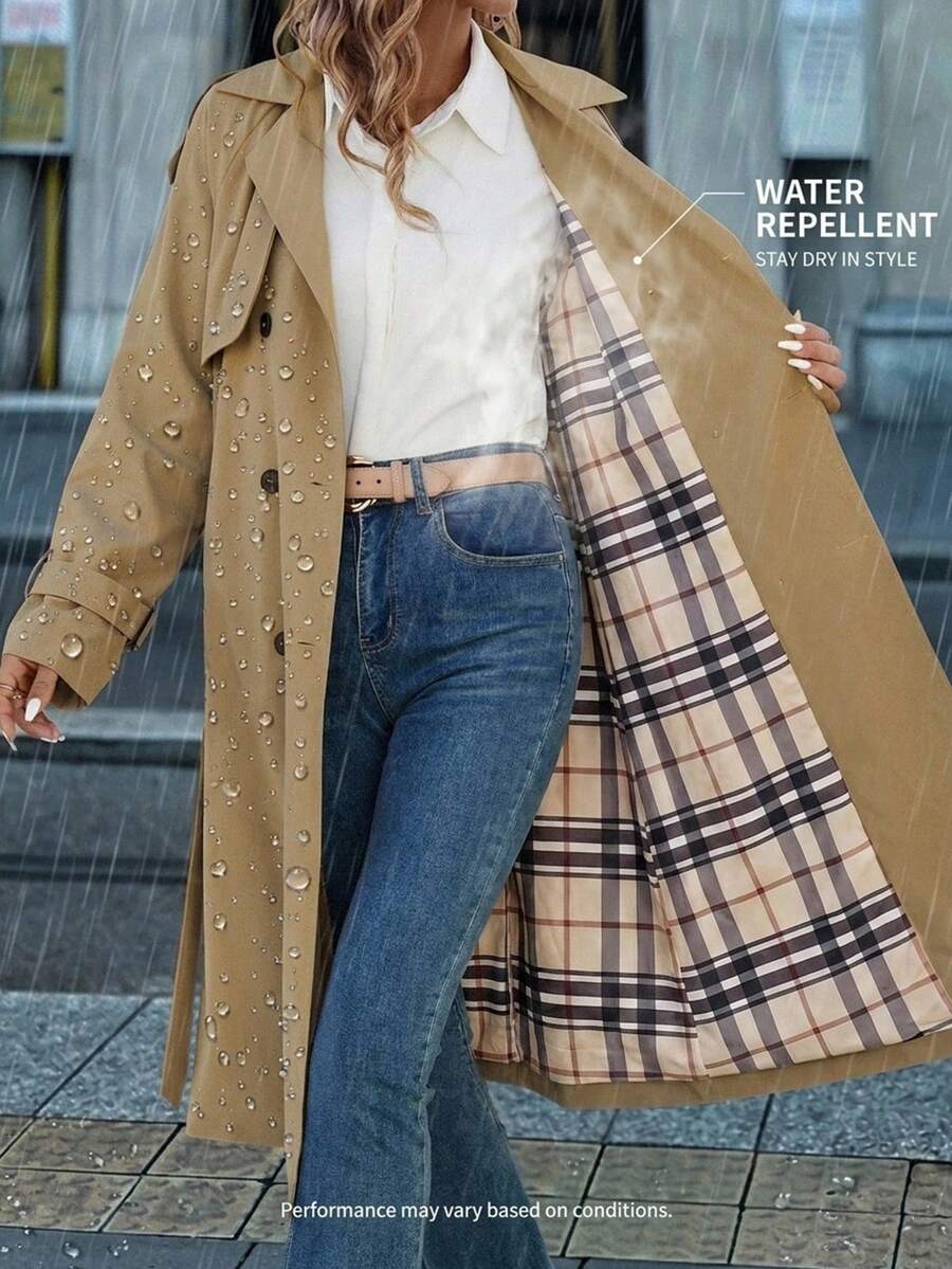 Fleur Long Double Breasted Trench Coat with Raglan Sleeves - Khaki