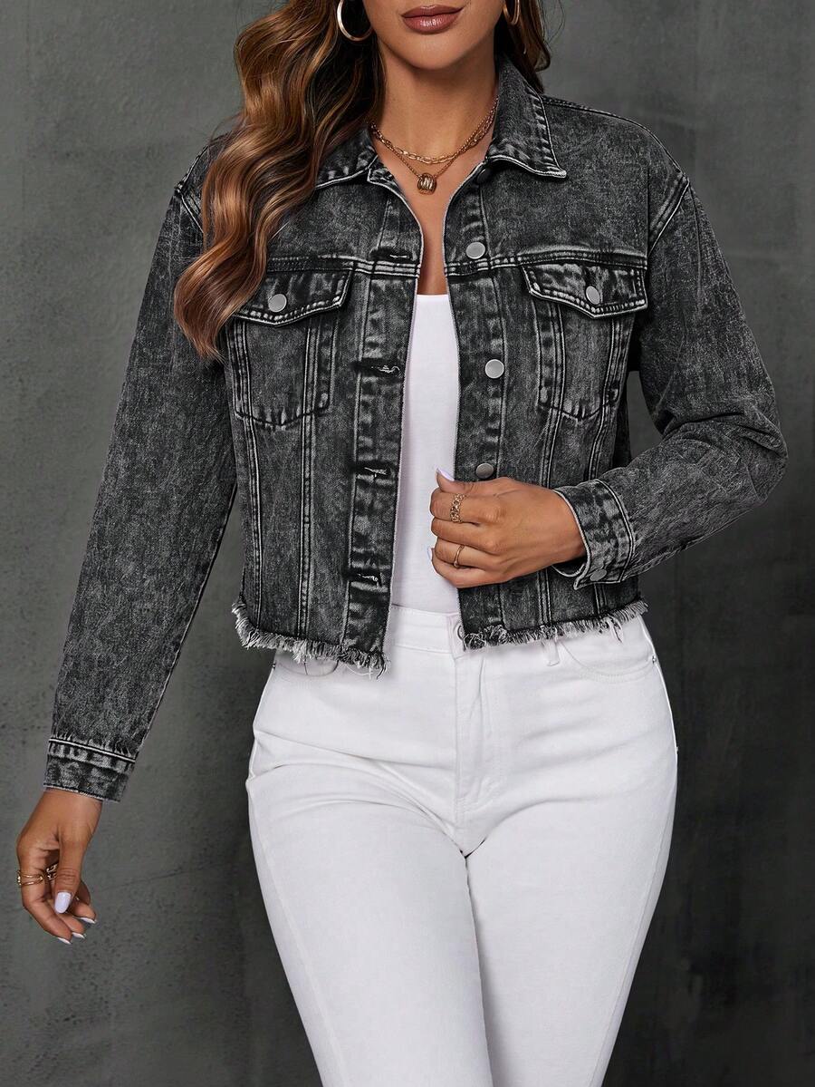 Greta Frayed Drop Shoulder Denim Jacket - Dark Wash