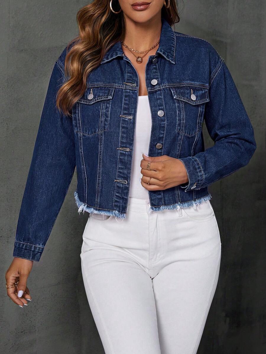 Greta Frayed Drop Shoulder Denim Jacket - Dark Wash