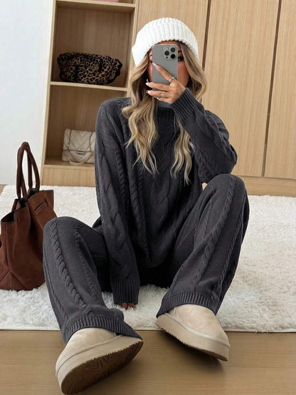 Ginevra 2 Piece Sweater Set Cable Knit Pullover and Wide Leg Pants - Charcoal Grey