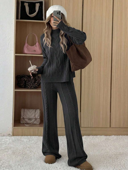 Ginevra 2 Piece Sweater Set Cable Knit Pullover and Wide Leg Pants - Charcoal Grey