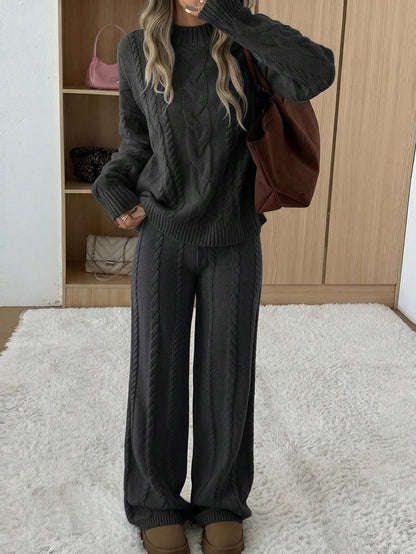 Ginevra 2 Piece Sweater Set Cable Knit Pullover and Wide Leg Pants - Charcoal Grey
