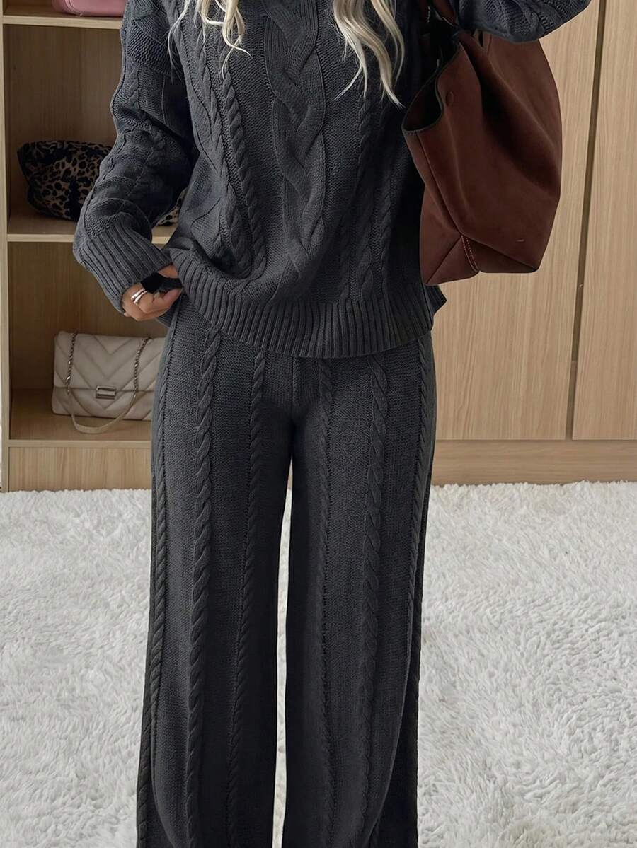 Ginevra 2 Piece Sweater Set Cable Knit Pullover and Wide Leg Pants - Charcoal Grey
