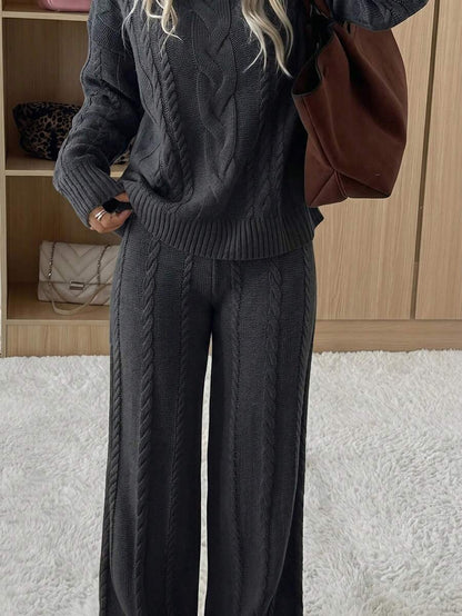 Ginevra 2 Piece Sweater Set Cable Knit Pullover and Wide Leg Pants - Charcoal Grey