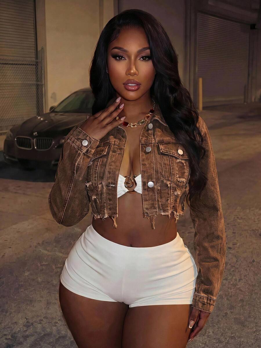 Hazel Distressed Crop Button Denim Jacket - Khaki