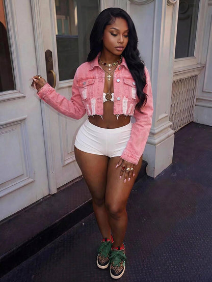 Hazel Distressed Crop Button Denim Jacket - Hot Pink