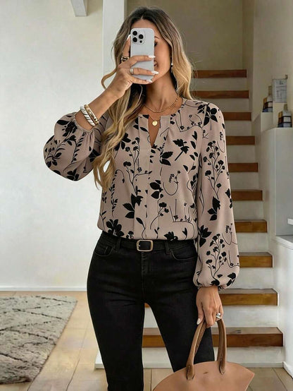 Nell Long Sleeve Blouse with Split V Neck and Lantern Sleeves - Taupe Floral