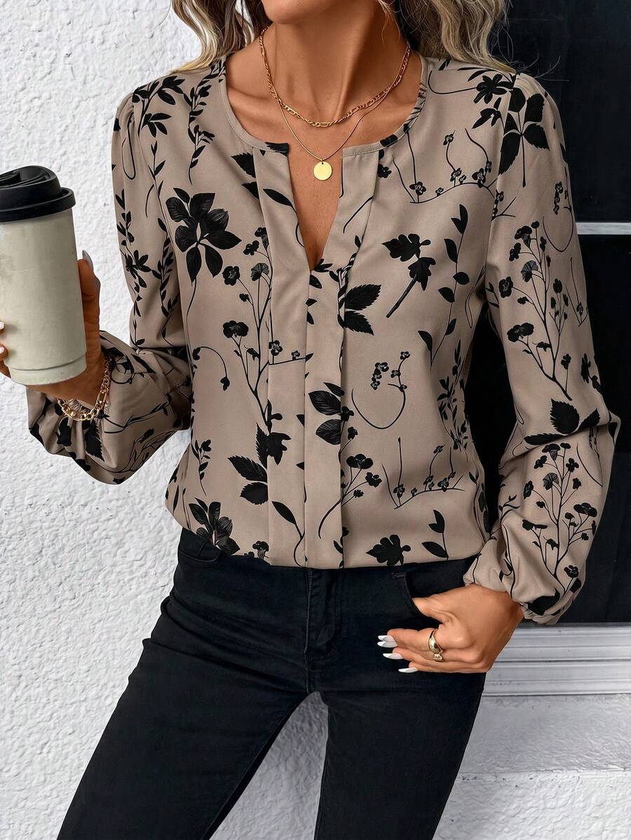 Nell Long Sleeve Blouse with Split V Neck and Lantern Sleeves - Taupe Floral