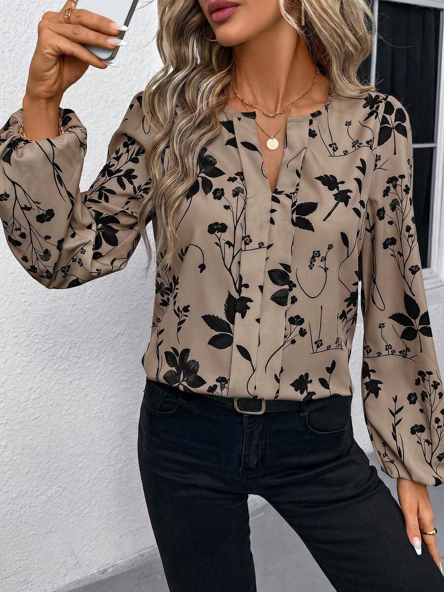 Nell Long Sleeve Blouse with Split V Neck and Lantern Sleeves - Taupe Floral