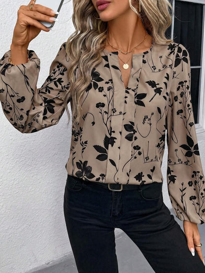 Nell Long Sleeve Blouse with Split V Neck and Lantern Sleeves - Taupe Floral