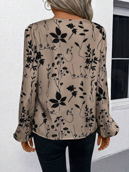 Nell Long Sleeve Blouse with Split V Neck and Lantern Sleeves - Taupe Floral